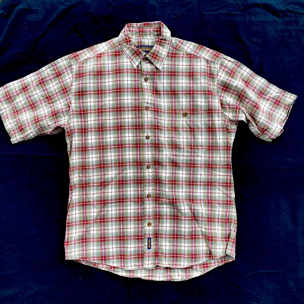 Woolrich Men's M 100% Cotton SS Red/Green/Beige CLASSIC Madras Plaid Shirt